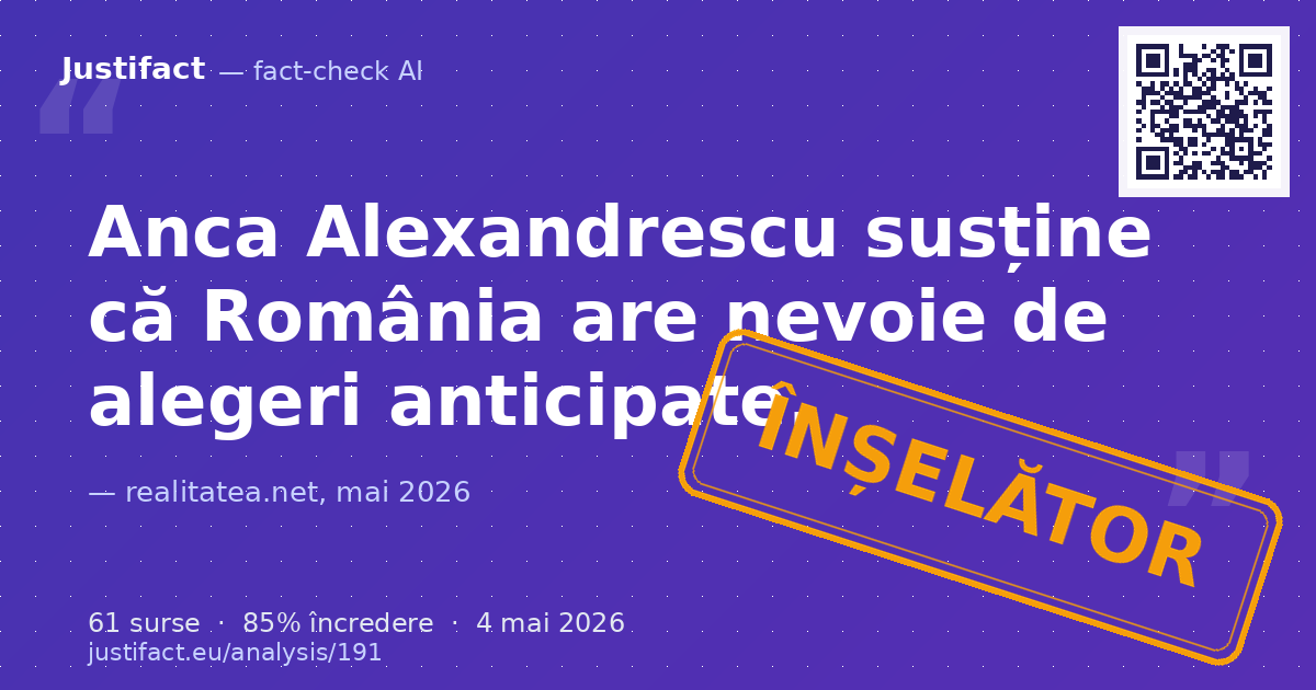 Articolul raportează declarațiile Ancăi Alexandrescu, care susține că România are nevoie de alegeri anti… — verdict ÎNȘELĂTOR