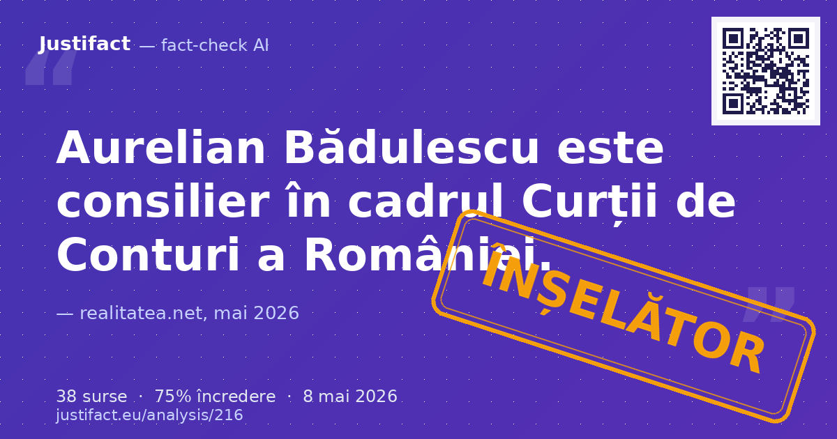 Articolul raportează acuzații „incendiare” făcute de Aurelian Bădulescu, consilier la Curtea de Conturi,… — verdict ÎNȘELĂTOR